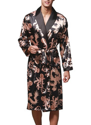 MARGOUN Bathrobe Men's XXL Bath Robe Dressing Gown Comfortable Sleepwear Silk Lovers Long Special Style Sleeves Nightgown Dressing Gown Dragon Pattern Black WP032