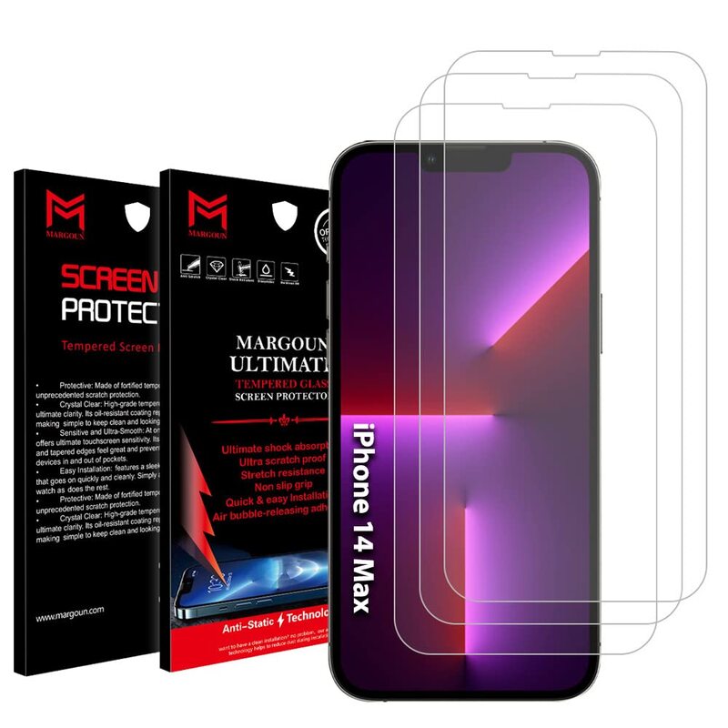 Margoun Apple iPhone 14 Plus Full Coverage Protective Film Mobile Phone Tempered Glass Screen Protector, 3 Piece, Clear