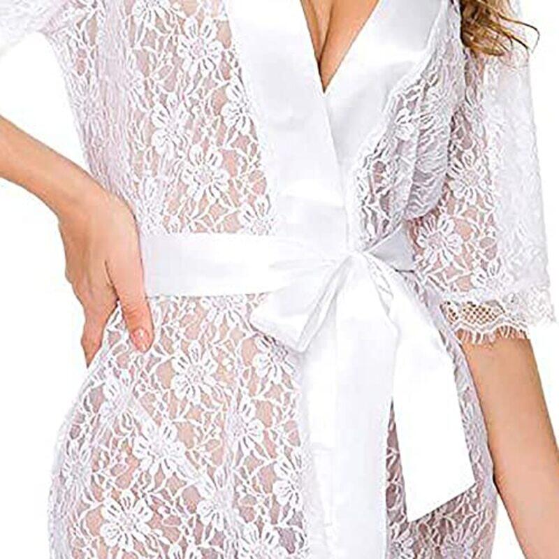 Margoun Sexy Babydoll Robe Transparent Lace Deep V-Neck Short Lingerie Sleepwear Nightwear for Women, W396, White