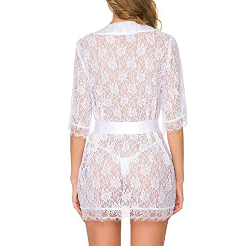 Margoun Sexy Babydoll Robe Transparent Lace Deep V-Neck Short Lingerie Sleepwear Nightwear for Women, W396, White