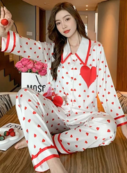 MARGOUN Women Large Pajamas Sleepwear Suit Homewear Lounge Ice Silk Shirt Pant Two Pieces Long Sleeves Shirt and Pants Heart Print Pajamas Set - MG12