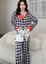 MARGOUN XL Size High Quality Women's Silk Pajamas Satin Long Sleeve Pants Set Plaid Print Cardigan Lapel Home Clothes - MG15