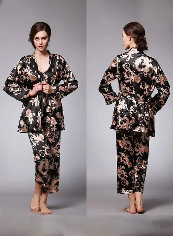 MARGOUN Bathrobe Women's XXL 3 Pieces Pajamas Set Comfortable Sleepwear Silk Lovers Nightgown Dressing Gown Dragon Pattern Black WP032