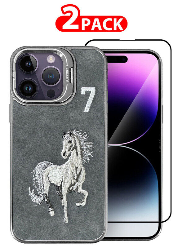 

Generic CATANES 2 Pack For iPhone 14 Pro Max Case Cover and Screen Protector Horse Series Leather Case 3D Embroidery Camera Bumper Anti Fingerprint ShookProof