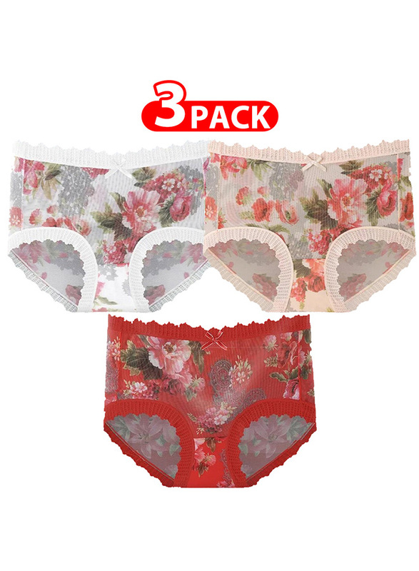 MARGOUN 3 Packs Women's Medium Size Ultra-thin Panties Women Lace Briefs Ice Silk Mid-Waist Panties Female Lingerie Fashion Flower Print Seamless Underwear/M (Waist 22'') - MGU02