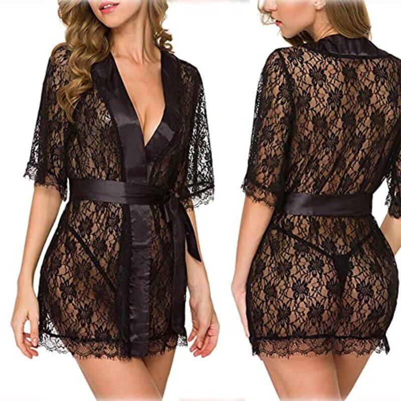 Margoun Sexy Babydoll Robe Transparent Lace Deep V-Neck Short Lingerie Sleepwear Nightwear for Women, W396, Black