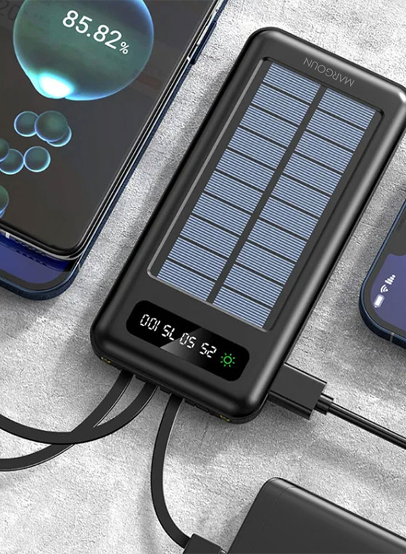 MARGOUN 10000mAh Solar Power Bank Big Capacity Phone Charging Powerbank with Cable External Battery Phone Fast Charger Black