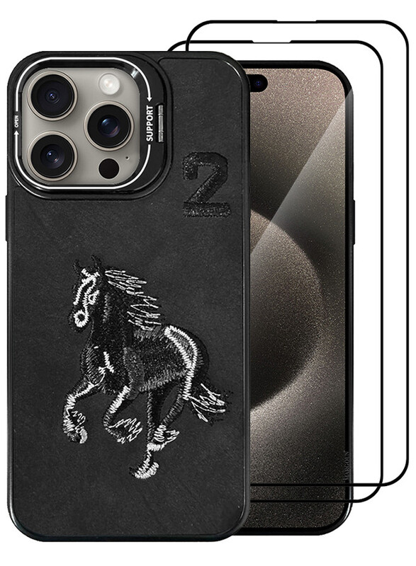 CATANES 3 Pack For iPhone 15 Pro Max Case Cover and 2 Screen Protectors Horse Series Leather Case 3D Embroidery Camera Bumper Anti Fingerprint ShookProof Protection Back Cover Kickstand Case Black