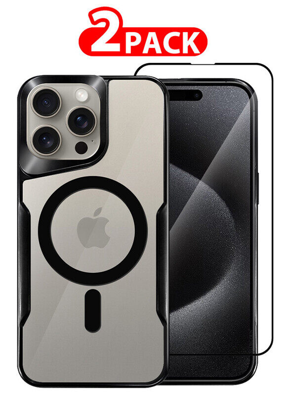 

MARGOUN 2 Pack for iPhone 15 Pro Max Case and Screen Protector Magnetic Phone Case Slim Shockproof Cover New Design Electroplated Case Cover Black