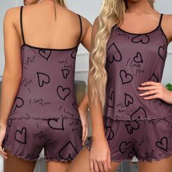 MARGOUN XL Women Print Sleepwear Push Up Two Piece Sleeveless Shorts Set Underwear Suit Pajamas,Toddler Girl Slipper Sexy Push Up T923 - Purple Love
