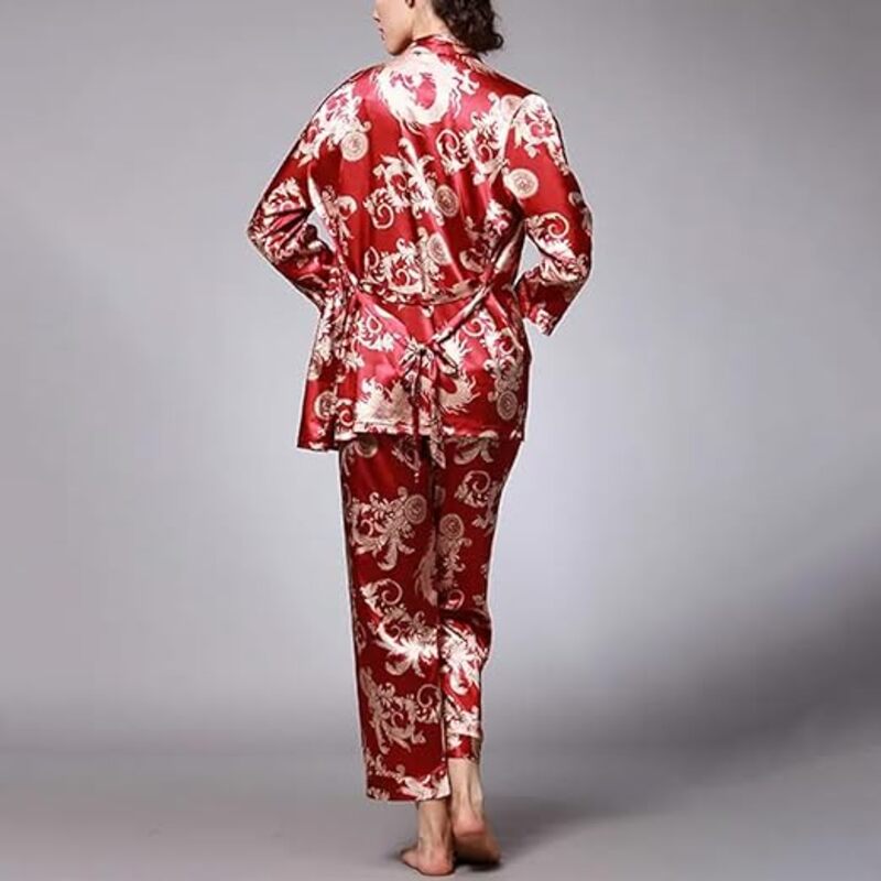 MARGOUN Large Pajamas For Women Set 3 Pcs Dragon Pattern Robes Silky Pj Sets Sleepwear Cami Nightwear With Robe And Pant TZ013 - Red