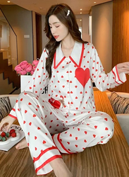 MARGOUN Women Medium Pajamas Sleepwear Suit Homewear Lounge Ice Silk Shirt Pant Two Pieces Long Sleeves Shirt and Pants Heart Print Pajamas Set - MG12
