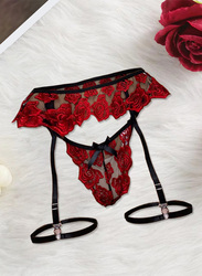 MARGOUN W584 Women’s XL Size Lingerie Padded Underwear and Panty Sets Floral Lace Bra and G-String with Garter Belt Red XL(bust 80-110/waist76-96)