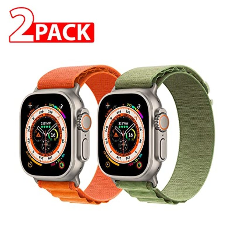 Margoun Nylon Alpine Sport Loop Watch Band for Apple iWatch Ultra Series 8/7/6/5/4/3/2/1/SE 49mm/45mm/44mm/42mm, 2 Pieces, Orange/Green