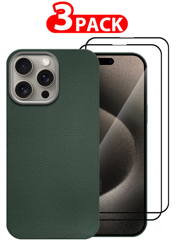 

MARGOUN for iPhone 15 Pro Max 3 Pack Case Cover and 2 Screen Protectors Leather Case with Lens Frame Shockproof Full Body Protective Cover Green