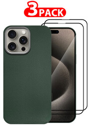 MARGOUN for iPhone 15 Pro Max 3 Pack Case Cover and 2 Screen Protectors Leather Case with Lens Frame Shockproof Full Body Protective Cover Green