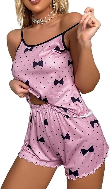 MARGOUN Medium Women Print Sleepwear Push Up Two Piece Sleeveless Shorts Set Underwear Suit Pajamas,Toddler Girl Slipper Sexy Push Up T923 - Pink Bow