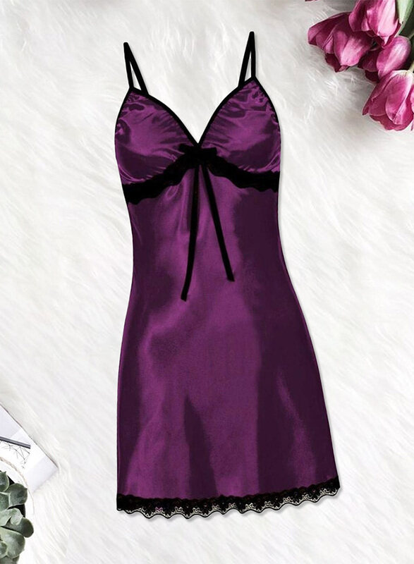 MARGOUN Women Small Size Silk Nightwear Slip Dress Pajamas Robe Sleepdress Nightdress Deep V Neck Solid Color Satin Silk Lace Comfortable Purple