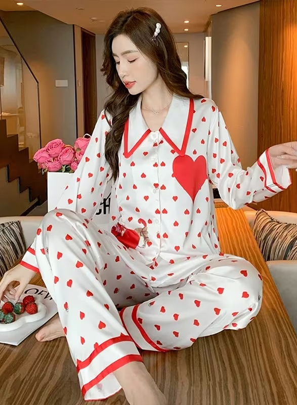 MARGOUN Women XL Pajamas Sleepwear Suit Homewear Lounge Ice Silk Shirt Pant Two Pieces Long Sleeves Shirt and Pants Heart Print Pajamas Set - MG12