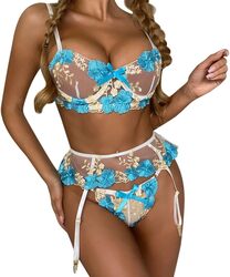 MARGOUN XL Size Scalloped Trim Floral Lace Garter Lingerie Set Pajamas Fashion Lingerie Floral Sleepwear Lace Ring Underwear Embroidery Lace Garter Blue XL(bust 80-110/waist76-96)