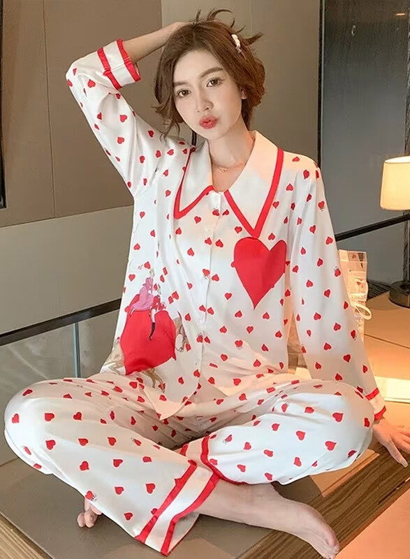 MARGOUN Women Medium Pajamas Sleepwear Suit Homewear Lounge Ice Silk Shirt Pant Two Pieces Long Sleeves Shirt and Pants Heart Print Pajamas Set - MG12