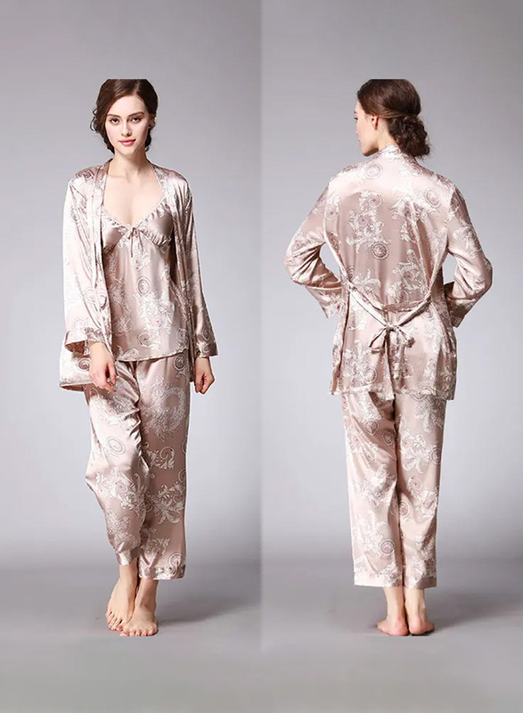 MARGOUN Bathrobe Women's Large 3 Pieces Pajamas Set Comfortable Sleepwear Silk Lovers Nightgown Dressing Gown Dragon Pattern Beige WP032