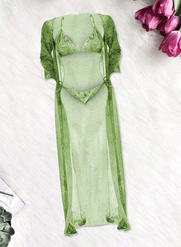 MARGOUN Medium Three-piece Digital Printing Bikini Ladies Beach Sunscreen Blouse Swimsuit Long Lace Dress Sheer Dress Sheer Kimono Dress Green/ M (Lower Bust 70/Waist 70-74)M3109