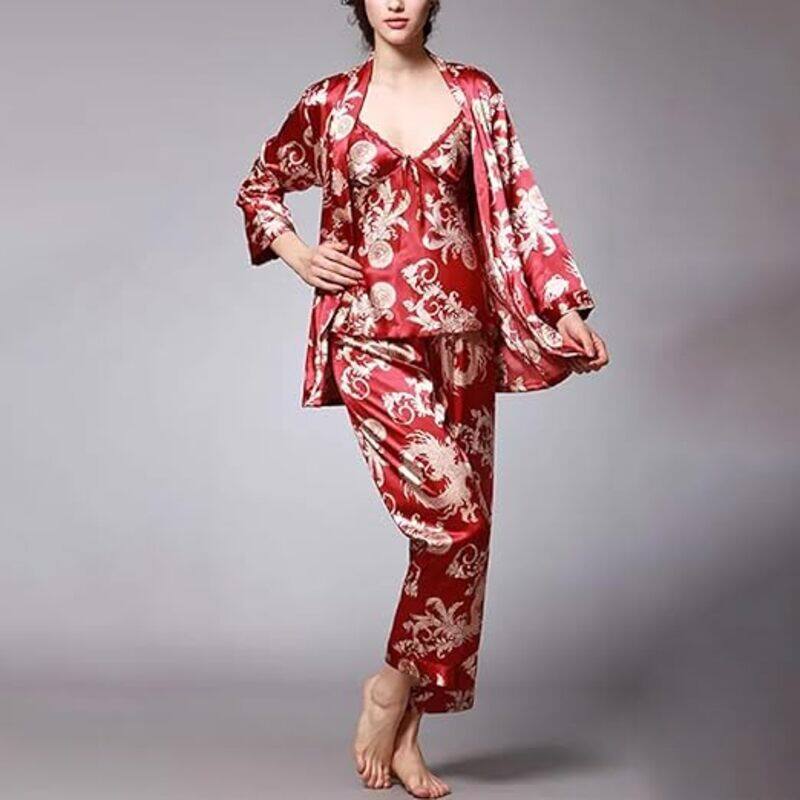 MARGOUN XXL Pajamas For Women Set 3 Pcs Dragon Pattern Robes Silky Pj Sets Sleepwear Cami Nightwear With Robe And Pant TZ013 - Red