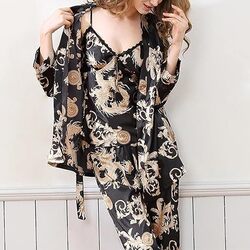 MARGOUN XXL Pajamas For Women Set 3 Pcs Dragon Pattern Robes Silky Pj Sets Sleepwear Cami Nightwear With Robe And Pant TZ013 - Black