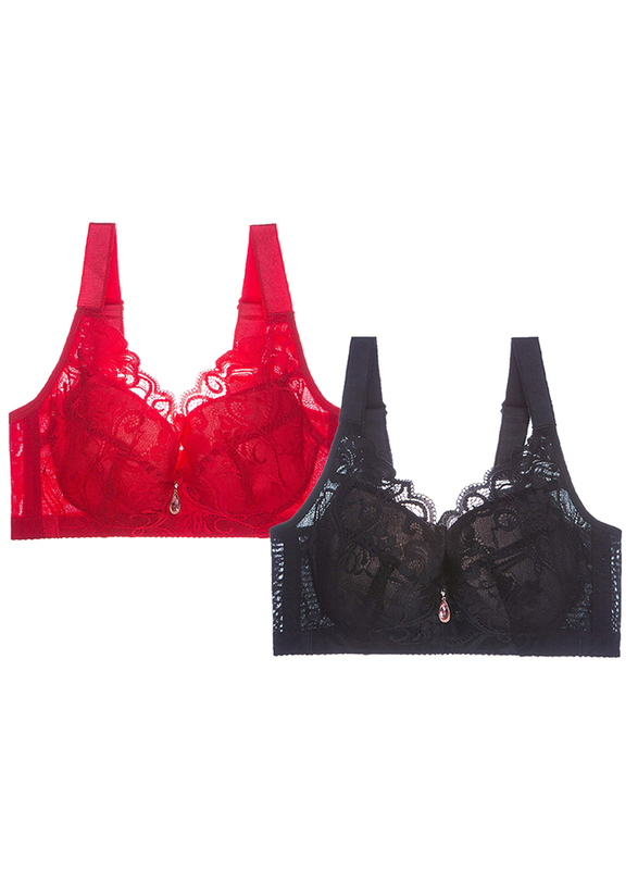 MARGOUN 2 Pack For Women's XL Size Lace Bra Wide Straps Wireless Bralettes with Full Cup Pads Bras for Ladys Women 42/95 Black Red /MGB04