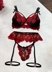 MARGOUN W584 Women’s Small Size Lingerie Padded Underwear and Panty Sets Floral Lace Bra and G-String with Garter Belt Red/S(bust 68-98/waist 64-84)