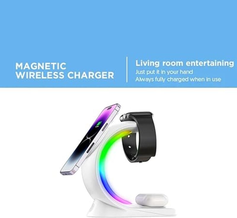 MARGOUN Magnetic 4 in 1 RGB LED Wireless Charger Stand For iPhone 14 13 12 Pro Max 15W Fast Charging Station For Airpods Apple Watch 7 6 (White)