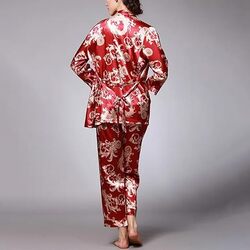 MARGOUN Medium Pajamas For Women Set 3 Pcs Dragon Pattern Robes Silky Pj Sets Sleepwear Cami Nightwear With Robe And Pant TZ013 - Red