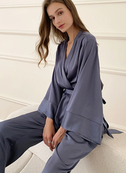 MARGOUN Women's Medium Pyjama Set Long Sleeve Sleepwear Satin Two Piece Nightdress Kimono Pyjamas with Belt Tops and Trousers Purple T2702