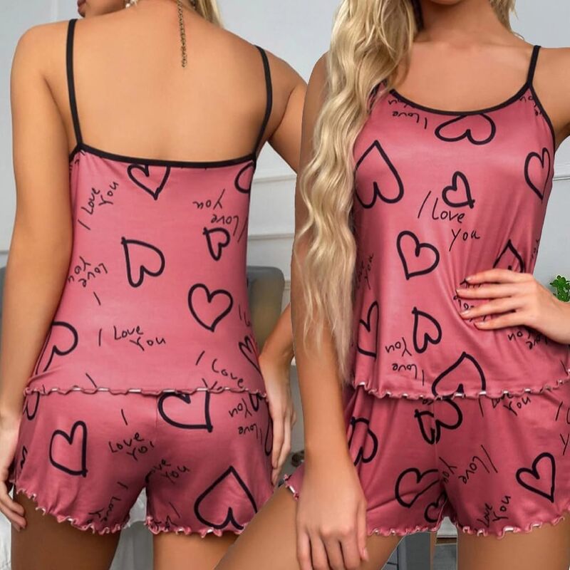 MARGOUN Large Women Print Sleepwear Push Up Two Piece Sleeveless Shorts Set Underwear Suit Pajamas,Toddler Girl Slipper Sexy Push Up T923 - Pink Love