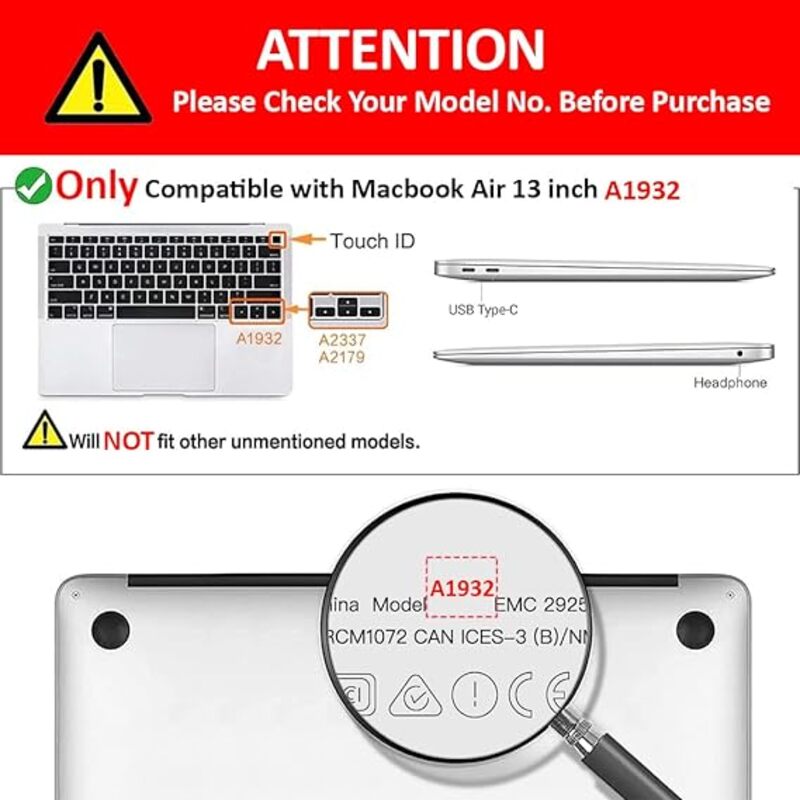 MARGOUN Compatible with New MacBook Air 13 inch Case 2022 2021 2020 M1 A2337 A2179 A1932 Plastic Hard Shell Case (Black, 13" A1932)