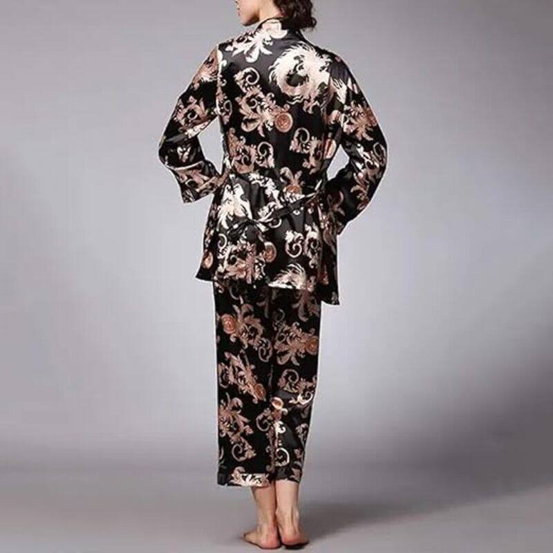 MARGOUN Large Pajamas For Women Set 3 Pcs Dragon Pattern Robes Silky Pj Sets Sleepwear Cami Nightwear With Robe And Pant TZ013 - Black