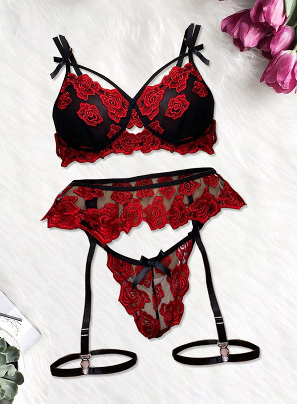 MARGOUN W584 Women’s Small Size Lingerie Padded Underwear and Panty Sets Floral Lace Bra and G-String with Garter Belt Red/S(bust 68-98/waist 64-84)