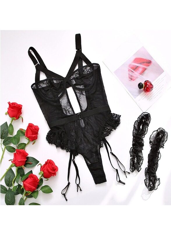 MARGOUN Womens Medium Lace Underwear Suit Jumpsuit Lace Underwear Lingerie for Women Black W610