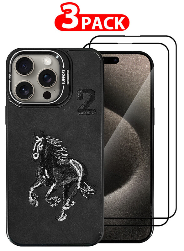 CATANES 3 Pack For iPhone 15 Pro Max Case Cover and 2 Screen Protectors Horse Series Leather Case 3D Embroidery Camera Bumper Anti Fingerprint ShookProof Protection Back Cover Kickstand Case Black