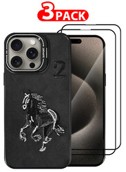 CATANES 3 Pack For iPhone 15 Pro Max Case Cover and 2 Screen Protectors Horse Series Leather Case 3D Embroidery Camera Bumper Anti Fingerprint ShookProof Protection Back Cover Kickstand Case Black