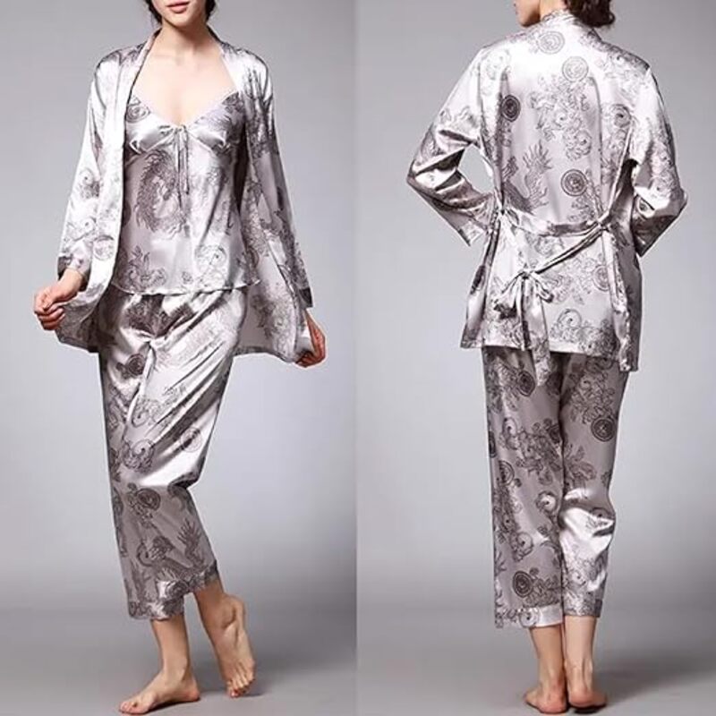 MARGOUN XL Pajamas For Women Set 3 Pcs Dragon Pattern Robes Silky Pj Sets Sleepwear Cami Nightwear With Robe And Pant TZ013 - Silver