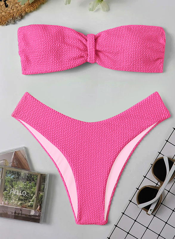 MARGOUN Small Size Women's High Waist Swimsuit Women's Bandeau Lingerie Set Swimsuits Beachwear Set Rose Pink/ S (Bust 81-86/Waist 61-66/Hip 86-91)/M8812