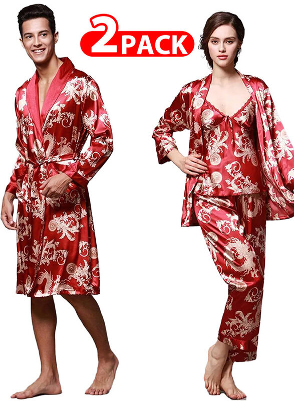 

Generic MARGOUN 2 Packs For Bathrobe Men's 3XL Women's 2XL Bath Robe Dressing Gown Comfortable Sleepwear Silk Lovers Nightgown Dressing Gown Dragon Pattern Re