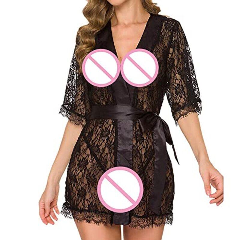 Margoun Sexy Babydoll Robe Transparent Lace Deep V-Neck Short Lingerie Sleepwear Nightwear for Women, W396, Black