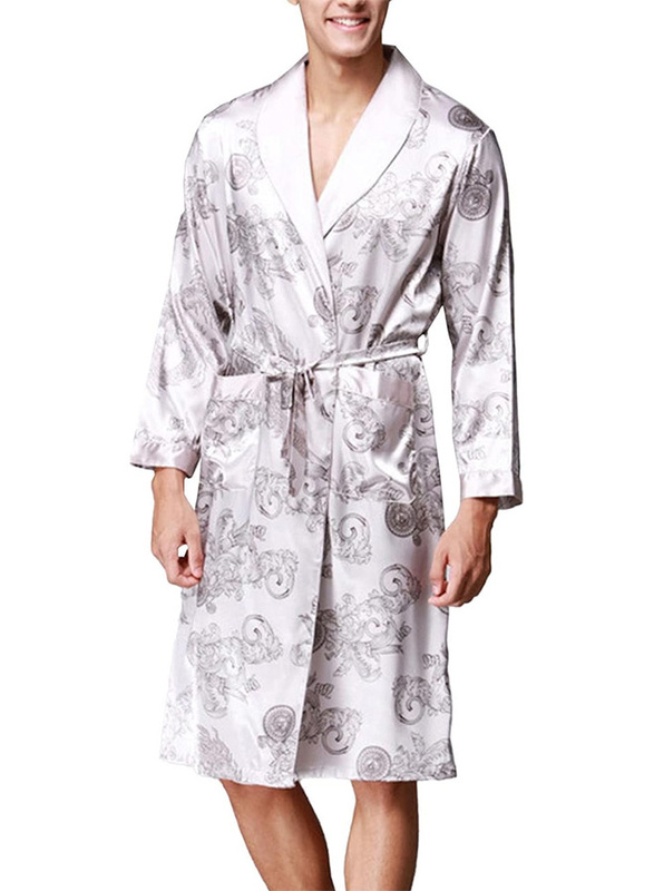MARGOUN Bathrobe Men's XXL Bath Robe Dressing Gown Comfortable Sleepwear Silk Lovers Long Special Style Sleeves Nightgown Dressing Gown Dragon Pattern Silver WP032