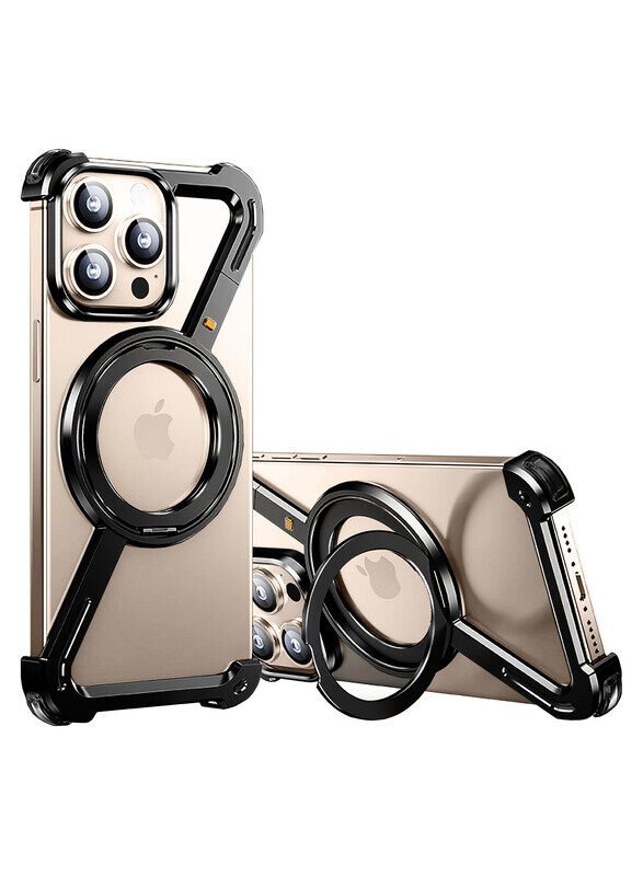 

MARGOUN for iPhone 16 Pro Max Case 360° Rotation, Aluminum and Metal Stand, Frameless, Shock Grade Protective Case Black