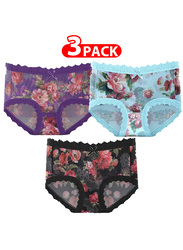 MARGOUN 3 Packs Women's XL Size Ultra-thin Panties Women Lace Briefs Ice Silk Mid-Waist Panties Female Lingerie Fashion Flower Print Seamless Underwear XL (Waist 26'') - MGU02