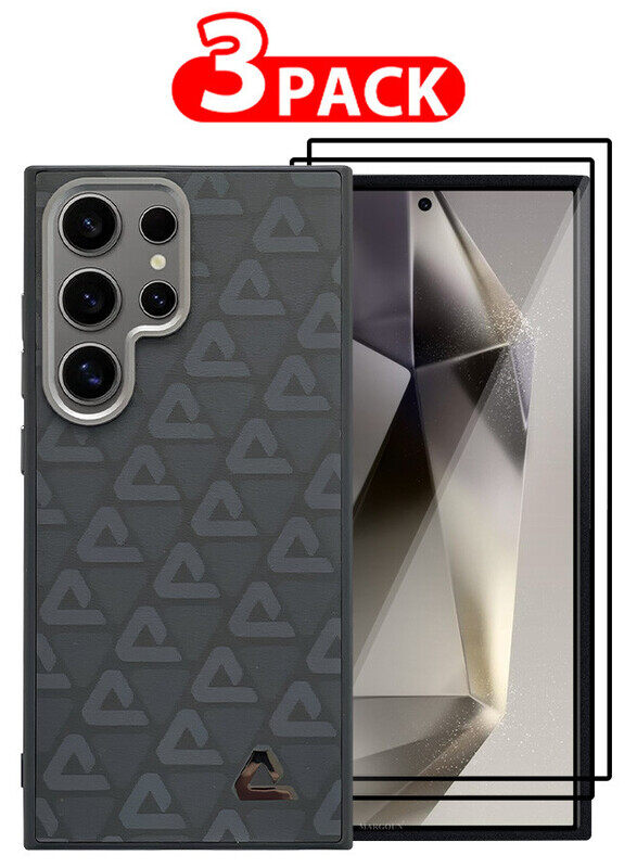 

MARGOUN for Samsung Galaxy S24 Ultra 3 Pack Case and 2 Screen Protectors Leather Back Cover Triangle Pattern Shockproof Protective Phone Case Black