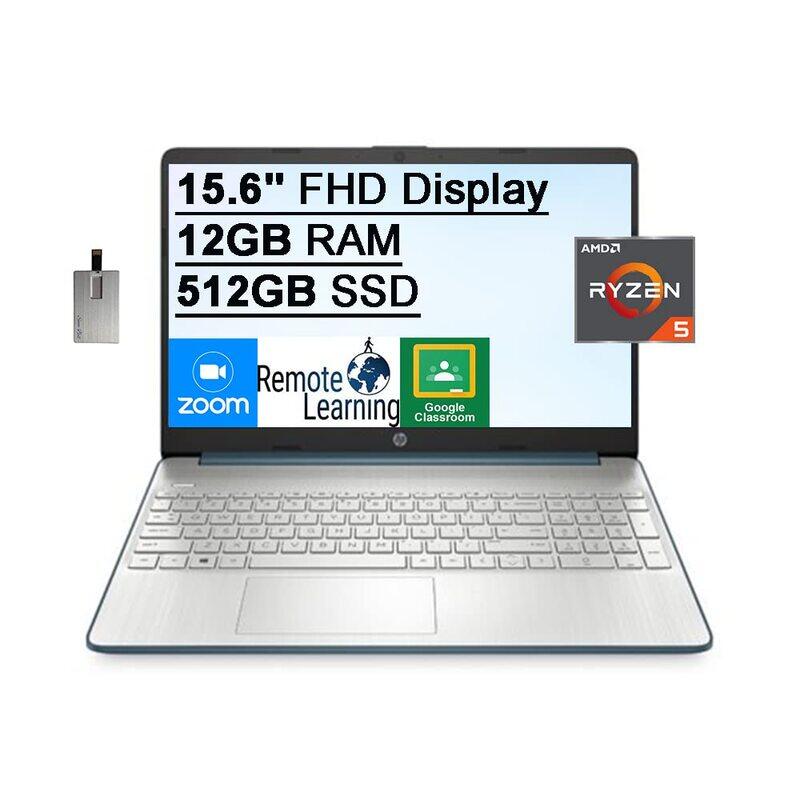 

HP 2021 Laptop, 15.6" FHD Display, AMD Ryzen 5-5500U Processor, 512GB PCIe SSD, 12GB RAM, AMD Radeon Graphic Card, HD Webcam, 32GB USB Card, EN KB, Wi